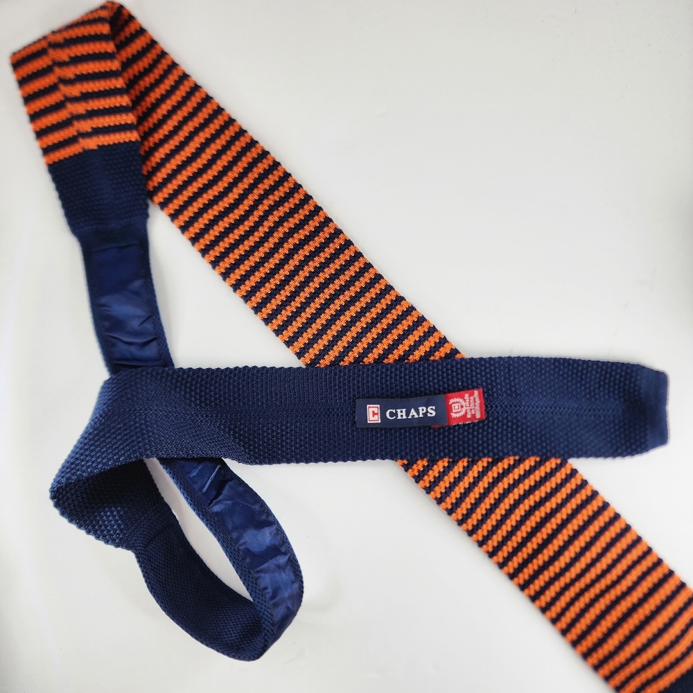 CHAPS Orange & Blue Knitted Tie. - Picture 4 of 5
